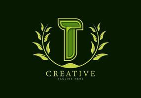 Letter T Monogram Logo with leaf decoration vector