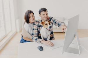 Photo of family couple make shopping on favourite website, enjoy time together, funny dog focused in monitor of computer, sits in coworking space. Focus on domestic animal. Digital marketing