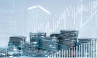 Banking finance investment concept. Double exposure image of growth business with city background. Currency growth market statistics with global foreign. Exchange payments banking global investments. photo