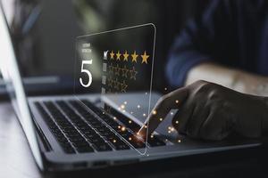 Customer service and Satisfaction concept, Customers are satisfied with services of a five-star business company, raising their rank or raising the highest ratings, best assessment and ranking idea. photo