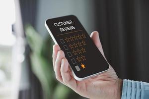 Customer service and Satisfaction concept, Customers are satisfied with services of a five-star business company, raising their rank or raising the highest ratings, best assessment and ranking idea. photo