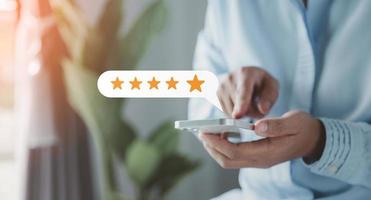Customer service and Satisfaction concept, Customers are satisfied with services of a five-star business company, raising their rank or raising the highest ratings, best assessment and ranking idea. photo