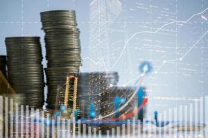 Banking finance investment concept. Double exposure image of growth business with city background. Currency growth market statistics with global foreign. Exchange payments banking global investments. photo