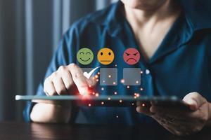 Customer service and Satisfaction concept, Customers are satisfied with services of a five-star business company, raising their rank or raising the highest ratings, best assessment and ranking idea. photo