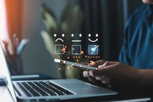 Customer service and Satisfaction concept, Customers are satisfied with services of a five-star business company, raising their rank or raising the highest ratings, best assessment and ranking idea. photo