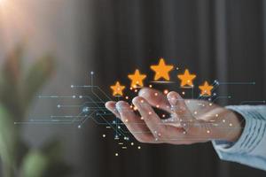 Customer service and Satisfaction concept, Customers are satisfied with services of a five-star business company, raising their rank or raising the highest ratings, best assessment and ranking idea. photo