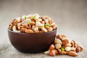 Assorted nuts in a plate on a wooden table with a burlap cloth. photo