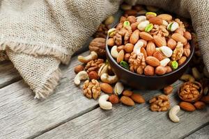 Assorted nuts in a plate on a wooden table with a burlap cloth. photo