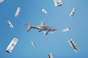 Shark surrounded by dollar bills on a blue background. photo