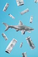 Toothy shark in the center surrounded by 100 dollar bills on a blue background. photo