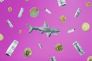 tiburón en el centro rodeado de dólares y bitcoins sobre un fondo rosa foto