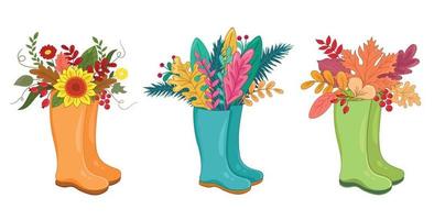 Vector illustration set autumn wellies boots with blooming bouquet autumn flowers, leaves, sunflowers