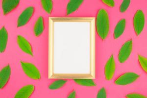 Flat lay with green leaves and frame mockup photo
