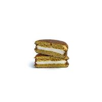 Delicious choco pies with marshmallow on white background. Classic snack cakes photo