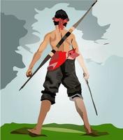 illustration and vector, hero, with arrows and a machete, shawl in red, very suitable for games and more vector