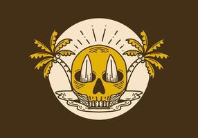 Vintage illustration of a skull with two surfboard and coconut trees vector