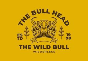 Bull and skull head retro illustration design on yellow background vector