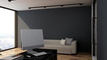 Representación 3d de la vista lateral del área de relajación en la oficina con un concepto minimalista moderno foto