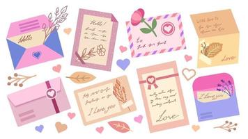 Colorful flat envelops and postcards. Love letters with hearts, flowers, and leaves. Love, friendship and greeting letters for web, social media, crafts, printing design and other. vector