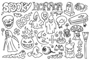 Halloween linear illustrations set. Collection of outline, evil, scary creatures, Ghosts, spiders, sculls and others. Horror, contour hand drown bundle for your design projects. vector