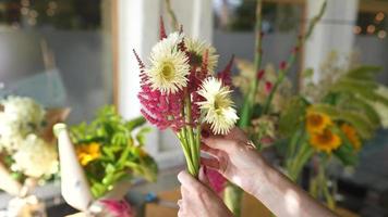 Florist arranges flowers for bouquet video