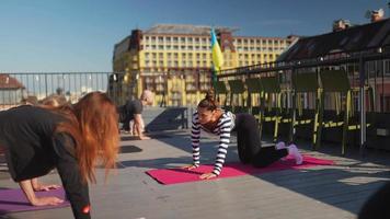 Woman instructs a yoga class on an outdoor deck video