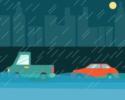 Flood natural disaster concept. Car floating in the water. Rainy weather. Cartoon vector style for your design.