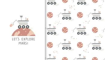 Hand drawn cartoon mars rover and planet seamless pattern. Design for kids clothes, decorations, textile, wrapping paper vector