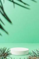 A minimalistic scene of a podium with christmas pine tree on green background photo