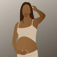 Beautiful pregnant woman, african american woman with dark skin and dark hair, expectant mother hugging her belly with her hands vector