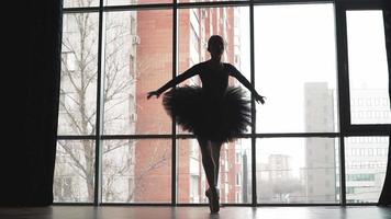 Silhouette. Ballerina in a black tutu dancing on the background of the city. Beautiful ballet in a Pointe shoes. The image of the Swan. Slow motion video
