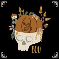 Halloween pumpkin in skull head decoration mushroom snake moth. Cute Halloween vector card hand drawn skull and pumpkin graphic element Happy Halloween poster. Horror background. Vector illustration.