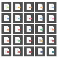 File type icons. Format and extension of documents. Set of pdf, doc, excel, png, jpg, psd, gif, csv, xls, ppt, html, txt and others. Icons for download on computer. Graphic templates for ui. Vector. vector