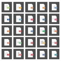 File type icons. Format and extension of documents. Set of pdf, doc, excel, png, jpg, psd, gif, csv, xls, ppt, html, txt and others. Icons for download on computer. Graphic templates for ui. Vector. vector