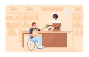 Disabled person shopping 2D vector isolated illustration. Buying groceries flat characters on cartoon background. Daily routine colourful editable scene for mobile, website, presentation