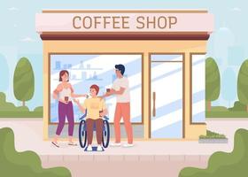 Friends drinking coffee together flat color vector illustration. Communication. Positive interaction. Fully editable 2D simple cartoon characters with coffee shop on background