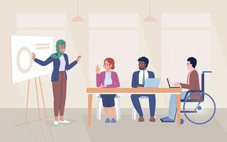 Office meeting flat color vector illustration. Presentation speaker. Discussing organization strategy with workmates. Fully editable 2D simple cartoon characters with presentation board on background