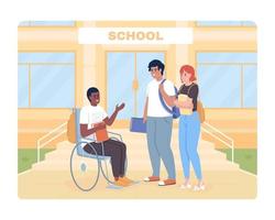 Inclusion at school 2D vector isolated illustration. Schoolmates flat characters on cartoon background. Interaction colourful editable scene for mobile, website, presentation