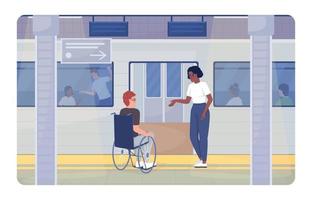 persona discapacitada que viaja 2d vector ilustración aislada. ofreciendo apoyo a personajes planos en el fondo de dibujos animados. escena editable colorida de la estación de metro para móvil, sitio web, presentación