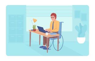 Disabled person in office 2D vector isolated illustration. Working flat character on cartoon background. Workplace convenience colourful editable scene for mobile, website, presentation