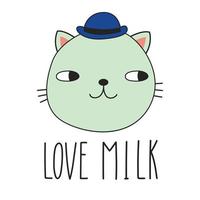Cute cat in a hat and lettering LOVE MILK. Doodle style. Vector illustration