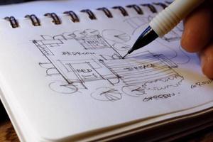 Architect's hands are sketching architectural plans with pencils on a sketchbook on a desk with a laptop. photo