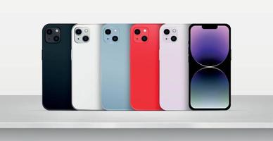 smartphones modernos de diferentes colores sobre la mesa, fondo blanco - vector