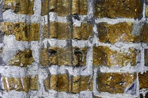 Detailed view at a colorful old and weathered brick wall texture as a panoramic background. photo