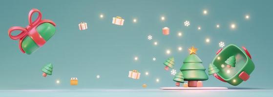 3D Rendering concept of gift box open with Christmas tree shiny star and space for text on blue background for commercial. 3d render cartoon style. photo