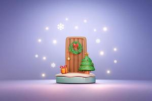 3D Rendering concept of wreath of flower on door with gift Christmas tree and shiny star on podium on purple background. 3d render cartoon style. photo