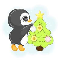 Christmas cute penguin with a Christmas tree, vector illustration