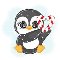 Christmas cute penguin with candy, vector illustration