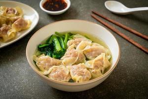 pork wonton soup or pork dumplings soup with vegetable photo