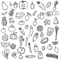 vector illustration set of fruits and vegetables doodle drawn in black outline on white background